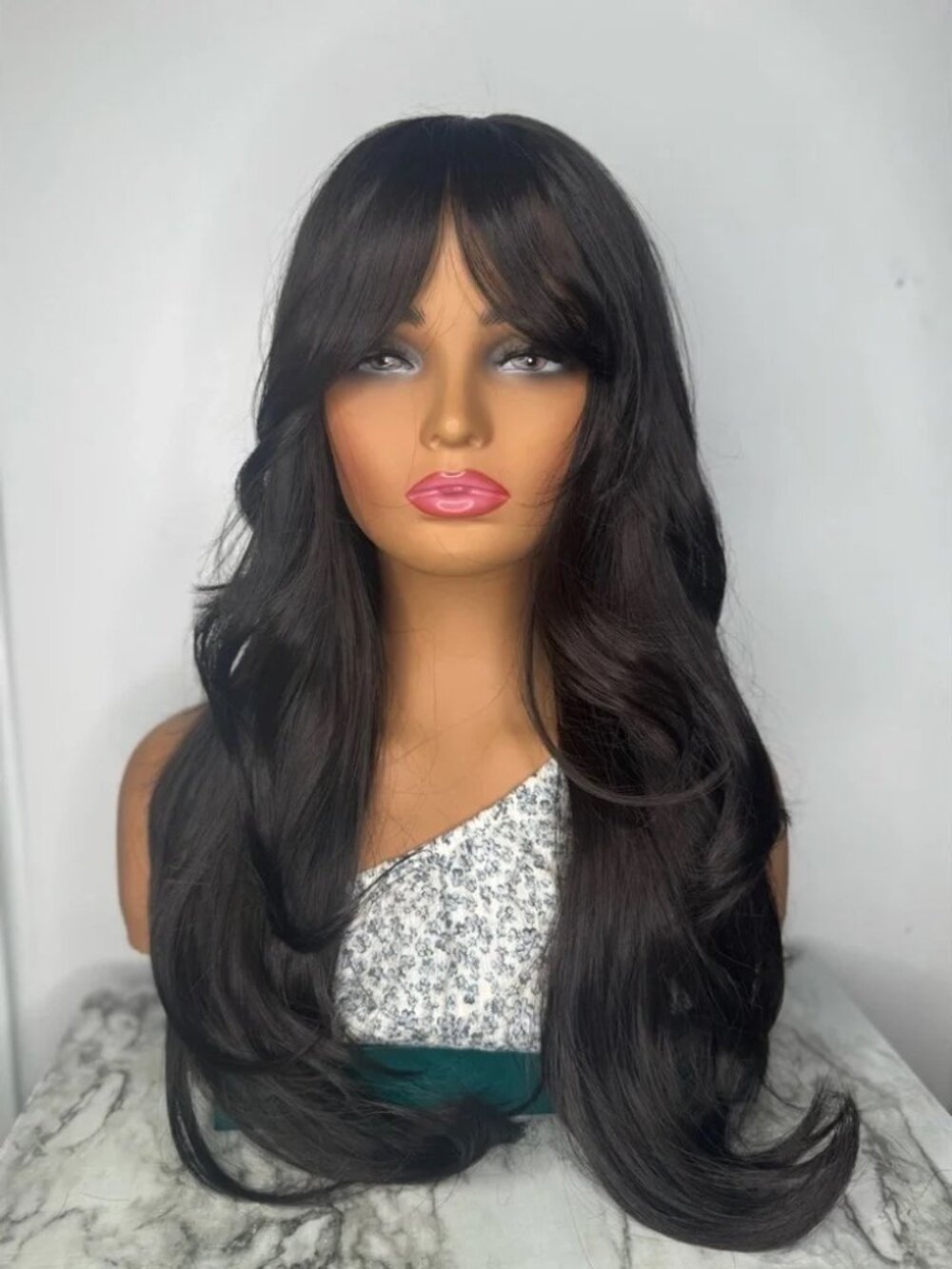 Dark Brown Long Layered Wig with Curtain Bangs – Natural Soft Waves